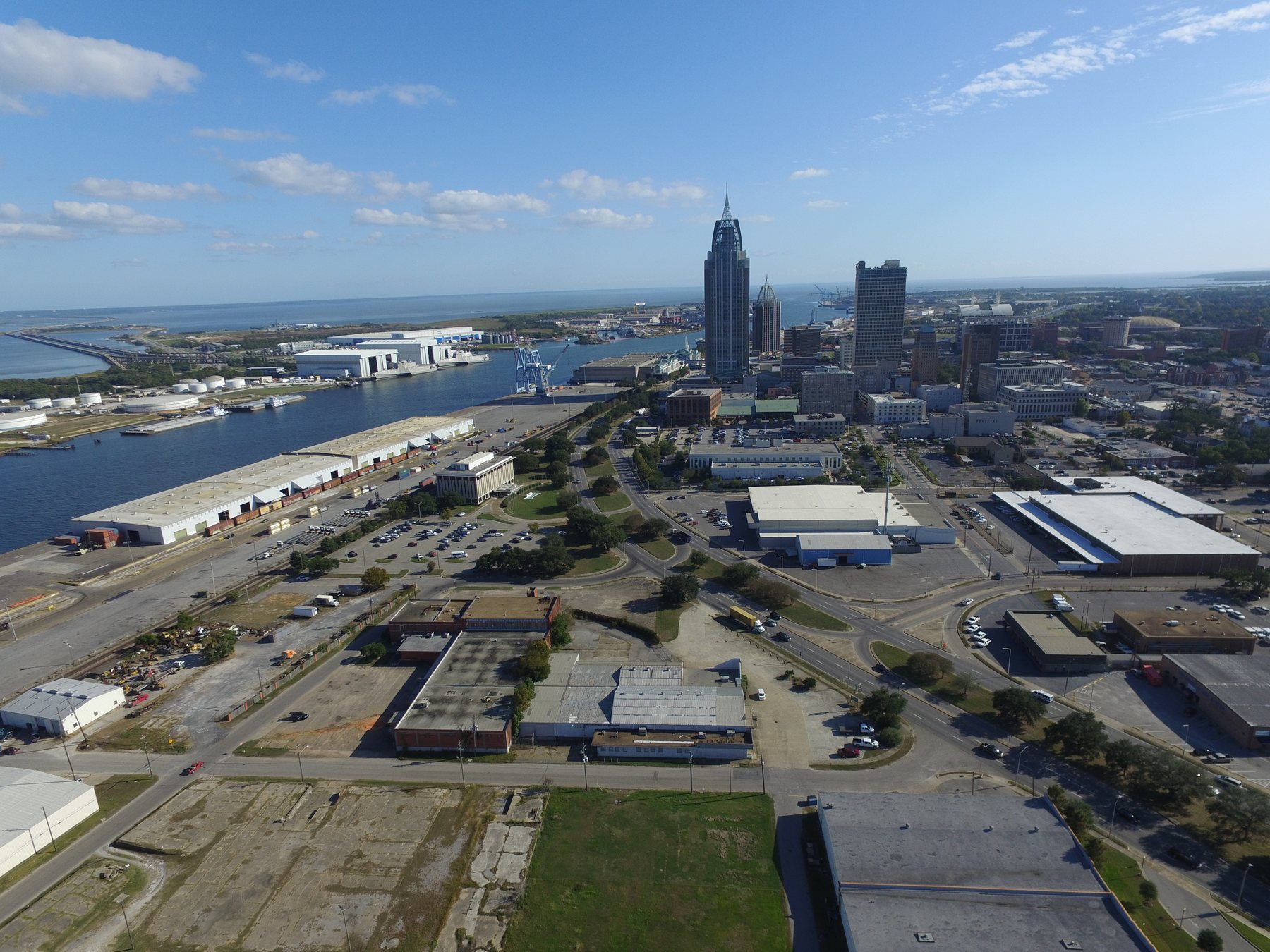 Aerial view of Mobile's working port and the Mobile River