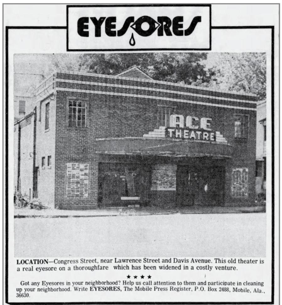 Mobile Press Register "Eyesores" clipping showing the boarded-up Ace Theatre on Congress Street near Davis Avenue